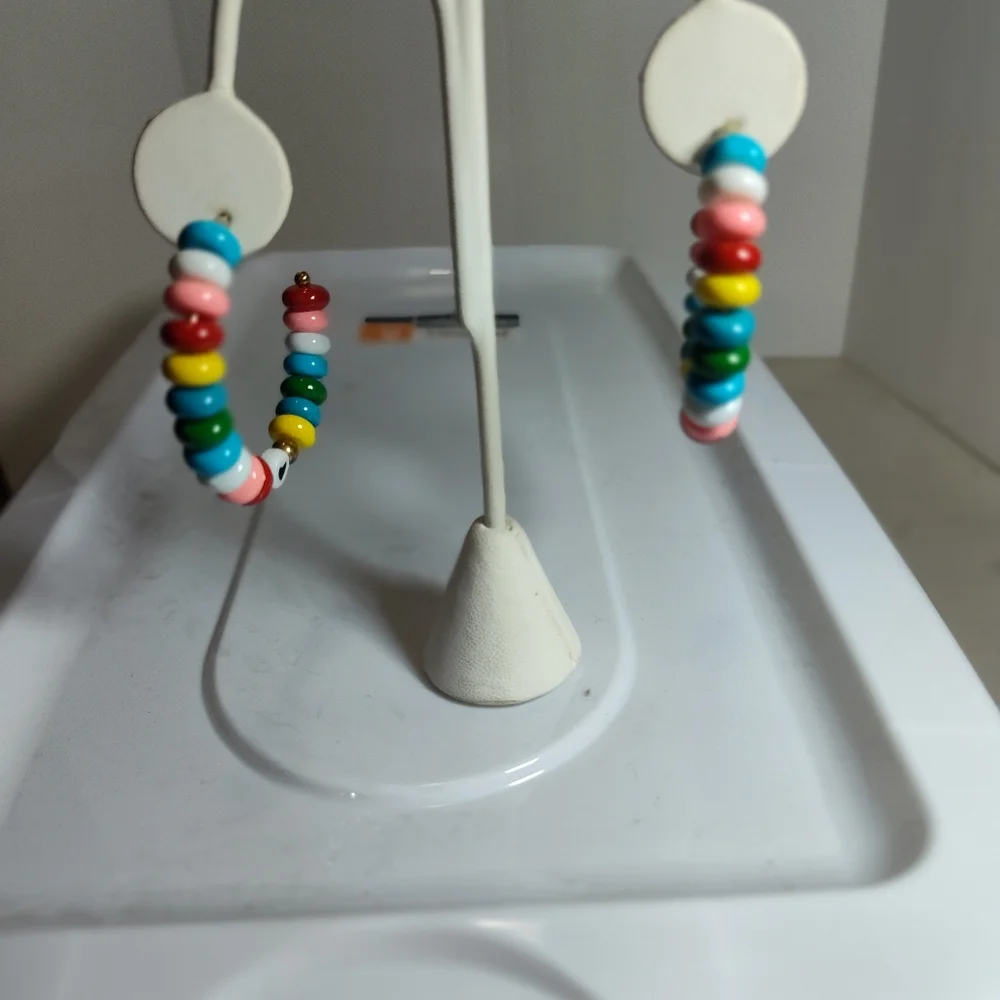 Colorful Beaded Hoop Like Old time String Candy Earrings NWOT